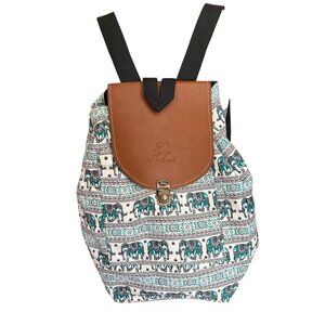 Sangphuthai Elephant Print Canvas Backpack Faux Leather Flap Adjustable Straps